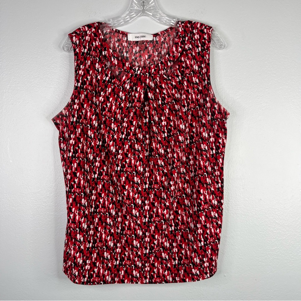 Jones Studio Top Women's 1X Red Black Abstract Keyhole Sleeveless Career Blouse - Picture 3 of 13